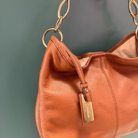 CALVIN KLEIN Cognac Pebbled Leather Hobo | Gold Ring Hardware - Picture 7 of 14